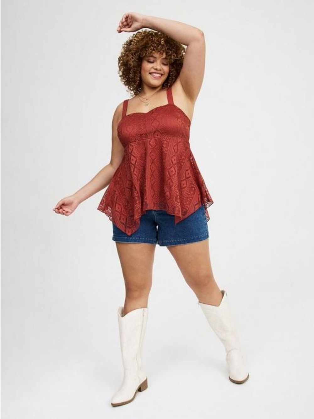 torrid Rust Lace Handkerchief-Hem Babydoll Smocked Tank Top